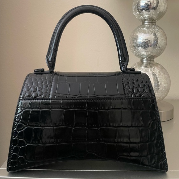 BALENCIAGA HOURGLASS SMALL HANDBAG CROCODILE EMBOSSED IN ALL BLACK - Picture 4 of 14